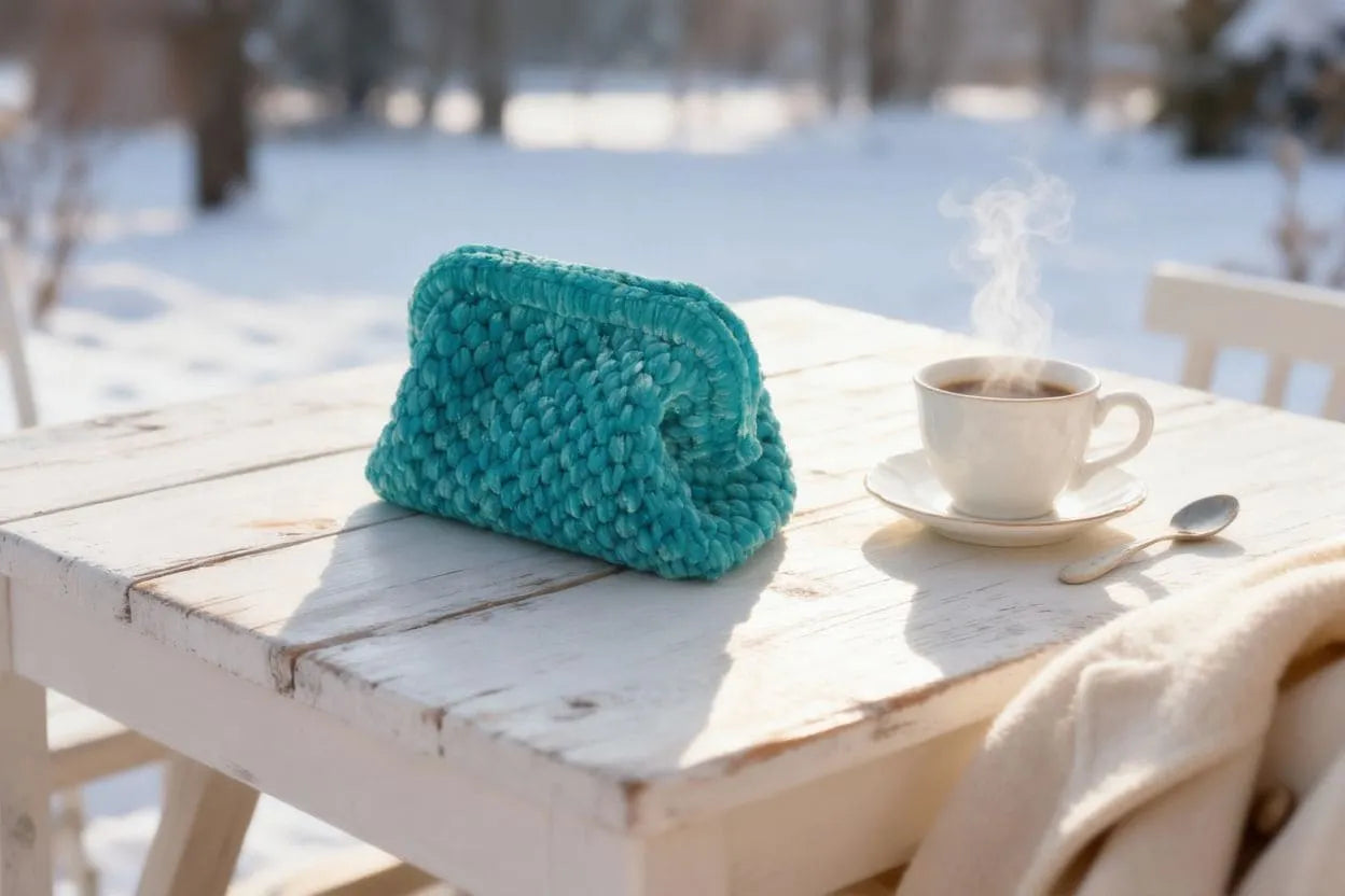 Handmade Velvet Crochet Clutch – Light Blue Elegant Evening Bag | Aunty Woven